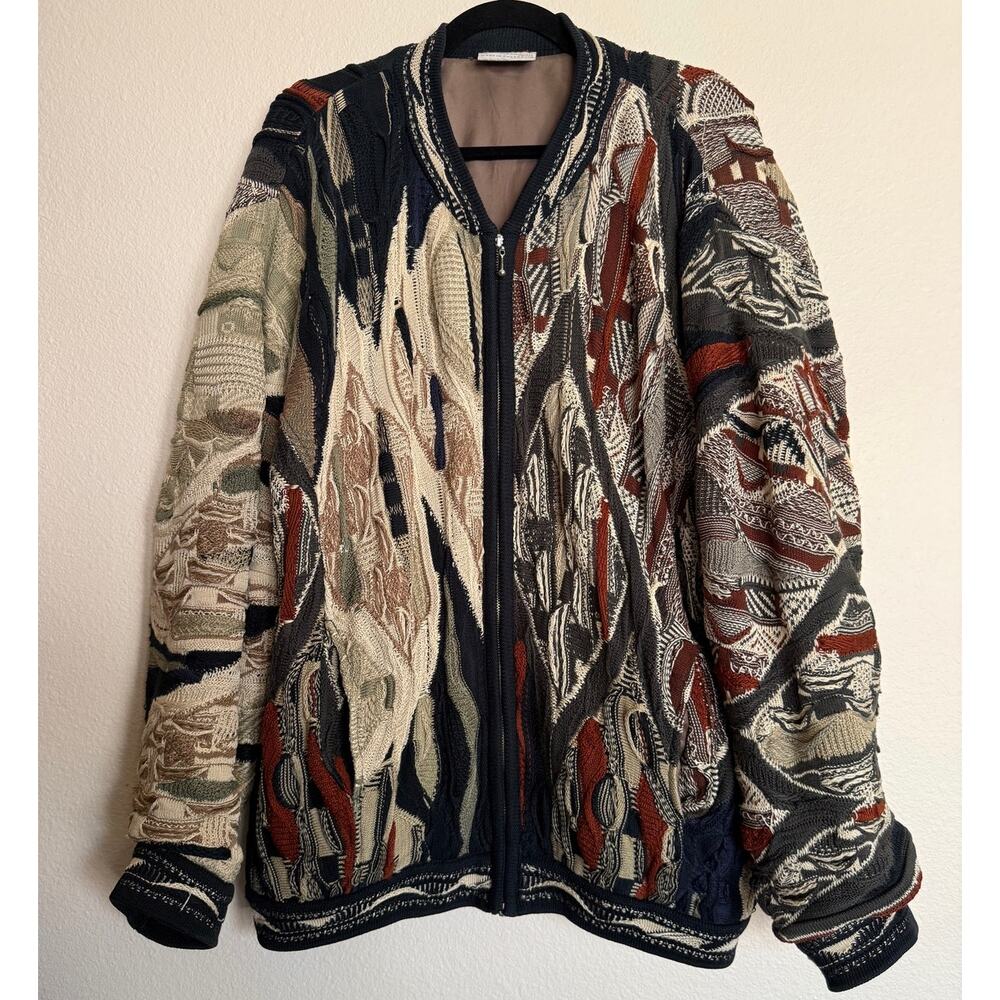 VTG Coogi Men's XL Bomber Jacket Sweater 3D Knit Earth Tones Cream Tan Navy Rust